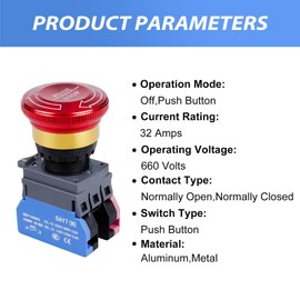 Emergency Stop Button 32A 440V Latching Push Button Switch, 22mm Aluminum Alloy Round E-Stop Button, IP65 Waterproof Self-Locking Shut Off Switch