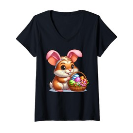 Womens Cute Bunny Ear Hamster Easter Eggs Owner Kids Girls Boys V-Neck T-Shirt