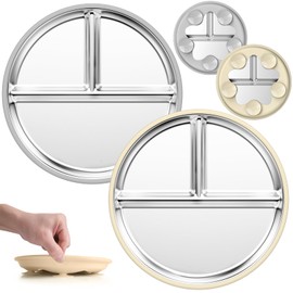 OVV Stainless Steel Kids Plates (2 Pack) – 9 Inch Toddler Divided Plates with ﻿Removable Silicone Sleeves & 5 Suction Cups Baby Self Feeding | Mess-Free Mealtime | Dishwasher Safe