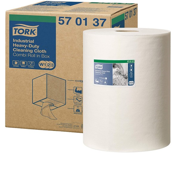 Tork 570137 Industrial Heavy-Duty Cleaning Cloth, Centerfeed, 1-Ply, 12.6" Width x 200' Length, 9.84" Roll Diameter, White (Case of 1 Roll)