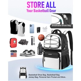 LOINTET Basketball Bag Backpack with Ball Holder Shoes Compartment, Large Basketball Accessories Sports Bag More Pockets for Football, Soccer, Volleyball, Gym, Travel, White