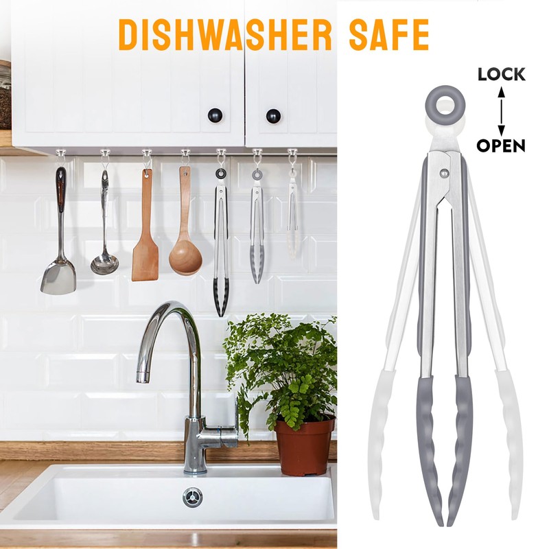 HOTEC Premium Stainless Steel Locking Kitchen Tongs with Silicon Tips,