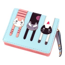 Mini Faux Leather Bifold Cute 3 Cat Zipeer Clutch Wallet Handbag for Women Girls Christmas Gifts for Kidss (Teal Blue)