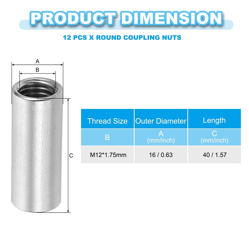 sourcing map Round Coupling Nuts, M12x1.75mm Female Thread 40mm(1.57") 304
