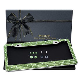 Bling License Plate Frame for Women, Sparkly Stainless Steel License Plate Frames| Over 1200 pcs 14 Facets Bedazzled Clear Glass Diamond Rhinestone Crystals w/Free Glitter Diamond (Olive Green)