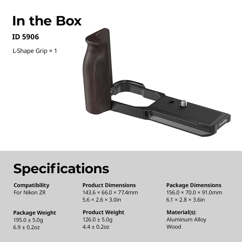 SMALLRIG L字型ハンドル Nikon ZR用 人間工学に基づいた木製グリップ付き 1/4インチ&3/8インチのネジ穴付き Arca用QRプレート 三脚にクイックスイッチ付き DJI RS