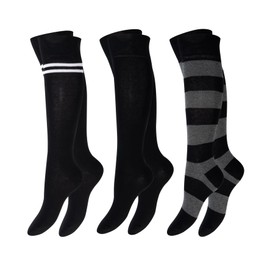 BestSale247 Girls' Women's Knee Socks (6 Pairs) Striped Colourful Stockings with Comfort Waistband, 6 pairs / black and white, 35 - 38
