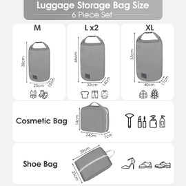 Aevcvok 6-Piece Packing Cubes Compression, Suitcase Organiser with Roll Closure, Packing Bags for Suitcases, Suitcase Organiser, Travel Organiser with Packing Cube, Shoe Bag, Cosmetic Bag (Grey)