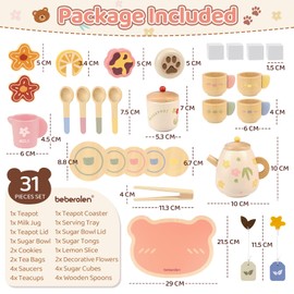 Beberolen Tea Service Set Children's Wooden Children's Kitchen Tea Service, 31 Pieces Play Kitchen Accessories Tea Party Set Wood, Role Play Tea Set Children Outdoor, Wooden Toy Tea Set Gift Girls
