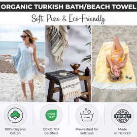 DEMMEX Beach Towel, Bath Towel, 100% Certified Turkish Organic Cotton, Peshtemal, Hammam Towel, Sauna Towel, Beach Blanket, Oversized, Quick Drying, Sand-Free, Compact – Pre-washed, 180 x 90 cm