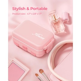 AMOOS Compact 3-Layer Travel Pill Organizer, Cute Pill Box Case with Pull-Tab Design for Easy Opening, Medication Organizer with 8 Compartments for Supplements, Vitamins, Fish Oils, 30 Labels