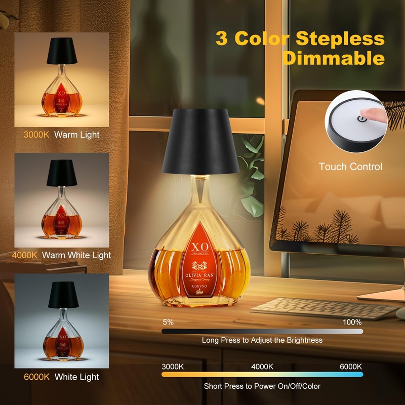 SOUDFK Wireless Bottle Lamp, 2025 New 3 Color Rechargeable Wine