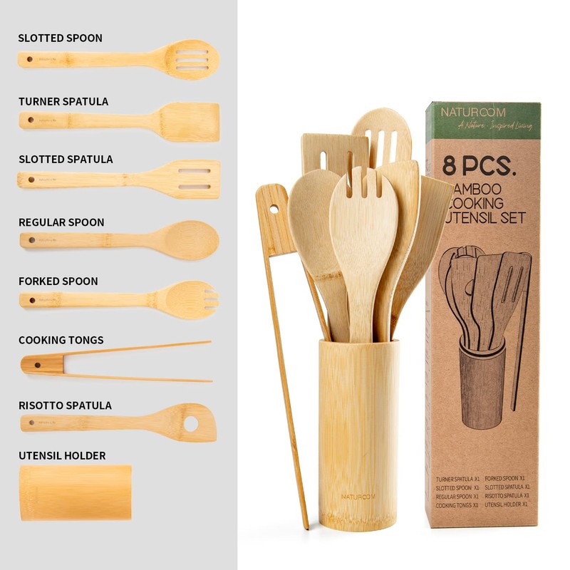 Naturoom Kitchen Utensils Set of 8 PCS, 12Inches Bamboo Wooden