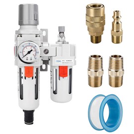 NANPU 1/2" NPT Auto-Drain Air Filter Regulator Lubricator Combo (FRL) Water/Oil Trap Separator - Gauge(0-150 psi), 5 Micron Brass Element, Poly Bowl, Metal Bracket