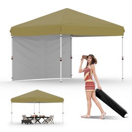 10x10 Instant Pop-Up Canopy with 1 Sidewall – Easy 1-Button Setup, Includes Roller Bag, 3 Height Settings & 4 Weight Bags – Perfect for Backyard, Beach, Sports & Parties,Khaki
