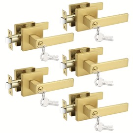 Probrico 5 Pack Gold Entry Door Handles,Satin Brass Heavy Duty Interior Front Door Handles with Keys, Entrance Exterior Lockset Each with 3 Same Keys
