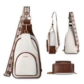 Vulkitty Sling Backpack Chest Bag for Women PU Leather Trendy Crossbody Shoulder Bag with Cable Hole, White and Brown