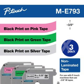 Brother ME793 P-Touch M Tape 3/Pack, Black on Pink, Black on Green, Black on Silver