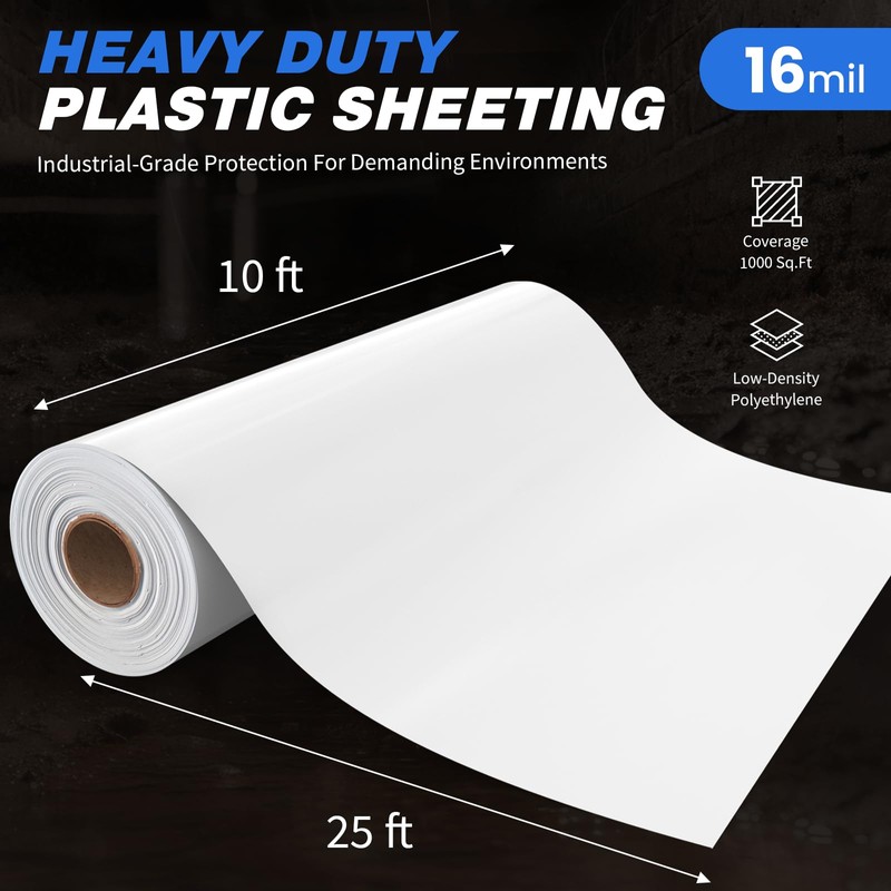 Crawldryer White Plastic Sheeting, 16 Mil 10' x 25', Crawl