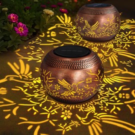 Hummingbird Solar Lanterns Outdoor Waterproof 2-Pack, Retro Solar Lights Metal Garden Decor for Patio, Lawn, Yard, Backyard, Indoor/Outdoor Tabletop- Unique Gardening Gifts for Women/Mom