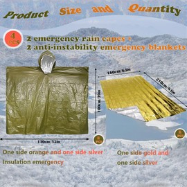 4X Survival Gear kit, Emergency Poncho (2pc), Emergency Space Blanket (2pc), Mylar Liner - Retains 92% Body Heat, for Outdoors, Hiking, Camping, Bug Out Bag, Marathons or First Aid, Car (Green)