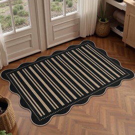 LORWER Striped Easy Jute Entryway Rug, 2x3 Black Washable Small Mat Non Slip Indoor Outdoor Door Area Rug, Farmhouse Black Rugs for Entrance Bedroom Bathroom