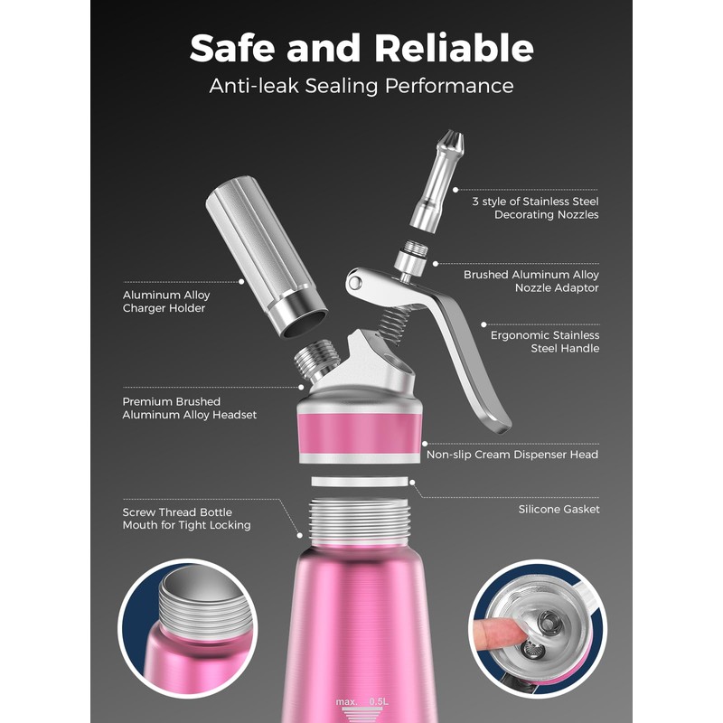 Whipped Cream Dispenser,Aluminum Cream Whipper 500mL/1 Pint,3 Decorating Nozzles,1 Brush,