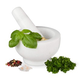 Relaxdays Marble Mortar with Pestle, Robust & Durable, Spices, Herbs, Polished Stone Mortar, Diameter 10 cm, V 120 ml, White, 6 x 10 x 10 cm