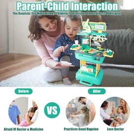 Kids Doctor Playset Medical Box, 2-in-1 Portable Pretend Play Set with Handbag, Teal and Yellow