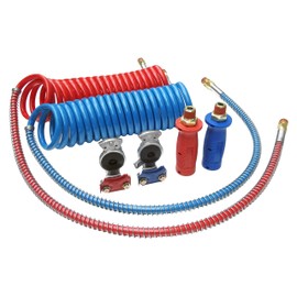 Road King Truck Parts Coiled Air Set Line Assembly and Accessory Kit, 15' Length; 1 X 12 & 1 X 40 Leads, Pair of Aluminum Gladhands, Pair of Poly Gladhand Grips