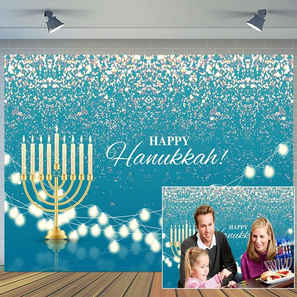 10x8ft Happy Hanukkah Backdrop, Lake Blue Shiny Lamps Sparkling Bokeh