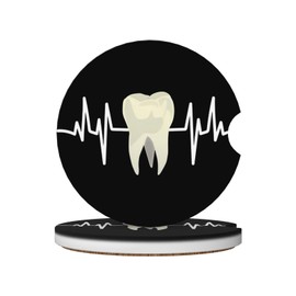 Tooth Heartbeat Dentist Dental Hygienist Assistant Car Coasters for Cup Holder, 2 Pack Absorbent Ceramic Car Coaster with Finger Notch & Cork Base