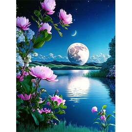 Yunnuo Moon Diamond Painting,Flower Diamond Art Kits for Adults,5D DIY Landscape Diamond Dots Gem Art Painting Kit, Paint with Diamonds Moonscape for Home and Office Wall Decor 12x16inch