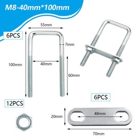 Pack of 6 U-bolts, M8 40 x 100 mm, U-bolts, square, stainless steel U-bolts with 12 nuts and 6 frame plates, U bracket with M8 thread, for fence posts, pipe attachment, car towing