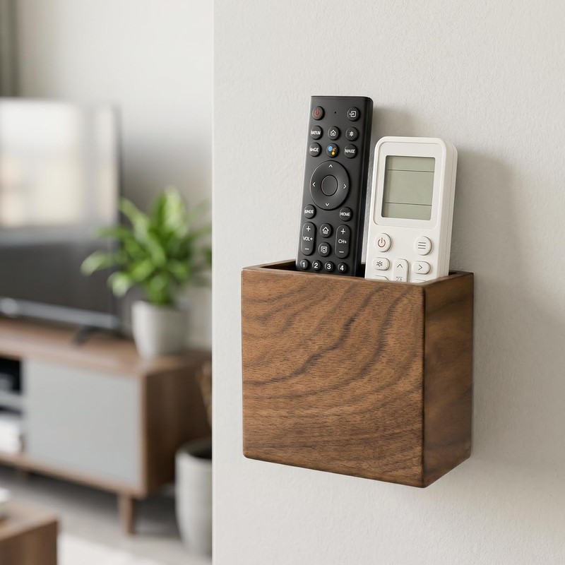 Wislist Remote Holder Hole-Free, Self-Adhesive Storage Wooden Box Small
