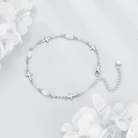 CRMAD Opal Cross Anklet for Women Sterling Silver White Opal Anklet Cross Jewelry for Women