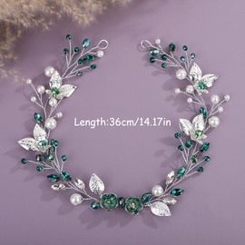 Rumtock Green Crystal Headpiece with Silver Leaf Flower for Wedding Brides Women Handmade Headband
