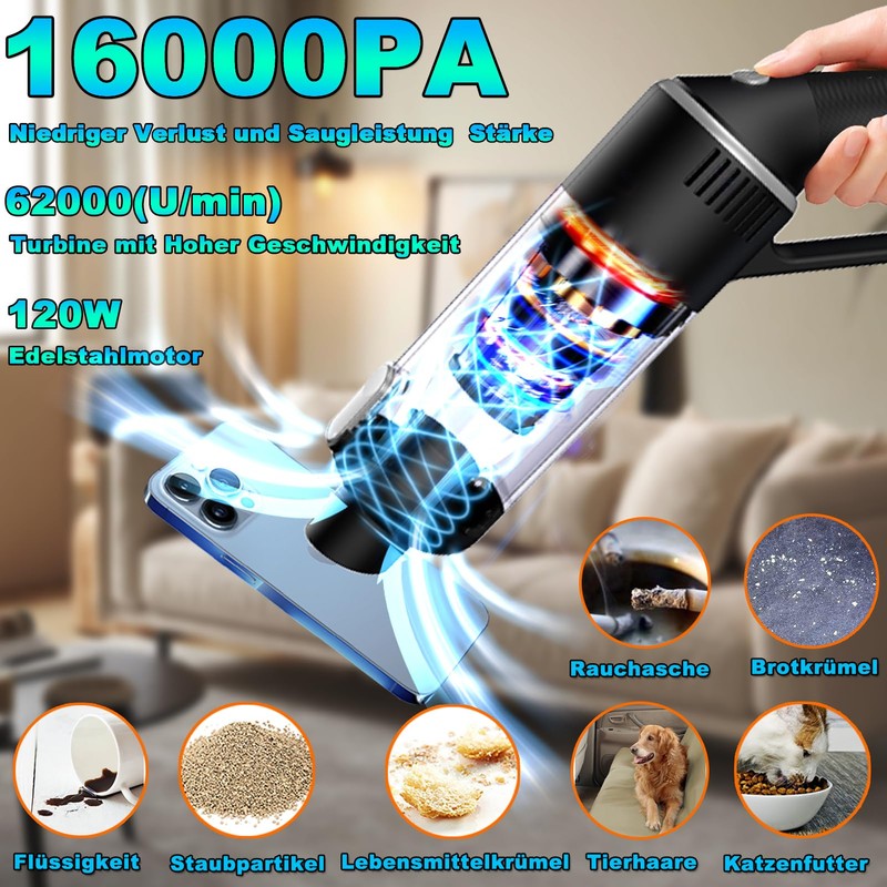 Handstaubsauger, 16000Pa Upgrade Handstaubsauger Akku Beutellos Testsieger, Akku Handstaubsauger Nass/Trocken,120W