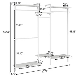 Gyfimoie Custom Closet Organizer System, Wall Mounted Clothes Rack with 4 Hanging Rods&6-Tier Adjustable Shelves, Heavy Duty Clothing Rack for Hanging Clothes, Garment Rack with Metal (White)