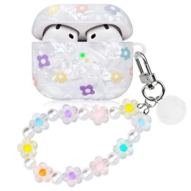 Compatible with AirPods 4 Case Protective Cover and Skin Case for AirPods 4 Gen Full Protection Protective Case with Pearl Lanyard for Girls Women Small Flower
