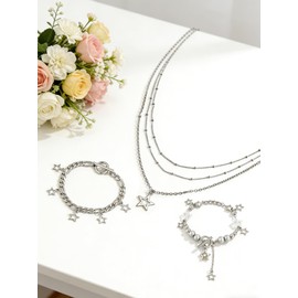 PJWONG Y2k Stylish Silver Stainless Steel Layered Chain Star Pendant Necklace Bracelets Jewelry Set Gift for Women Christmas