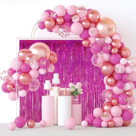 LIKAJON 3 Pack 3.3x8.2 Feet Rose Backdrop for Rose Party Decorations, Rose Metallic Tinsel Foil Fringe Curtains, Rose Fringe Backdrop for Graduation Baby Shower Gender Reveal Disco Party