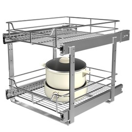 JOWBOOW 2-Tier Pull Out Cabinet Organizer (17.5" W x 22" D), Pull Out Shelves and Drawer for Kitchen Pantry Storage Basket, Heavy-Duty Metal Sliding Shelf, Chrome Finish