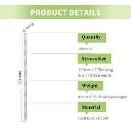 Light Pink and White Striped Paper Straws, Blush Pink White Stripe Paper Straws Disposable, 7.75 Inches, Pack of 100