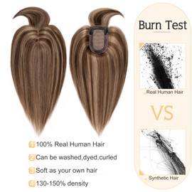 SEGO Hair Toppers for Women Real Human Hair With Bangs 7 * 13CM Silk Base 100% Remy Human Hair Clip in Top Wiglet Hair Pieces for Thinning Hair -8 Inch/Medium Brown&Dark Blonde