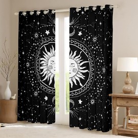 Sun and Moon Window Drapes Boho Exotic Window Curtains for Bedroom Living Room for Kids Boys Girls Children Bohemian Style Window Treatments Galaxy Star White Black W46*L54