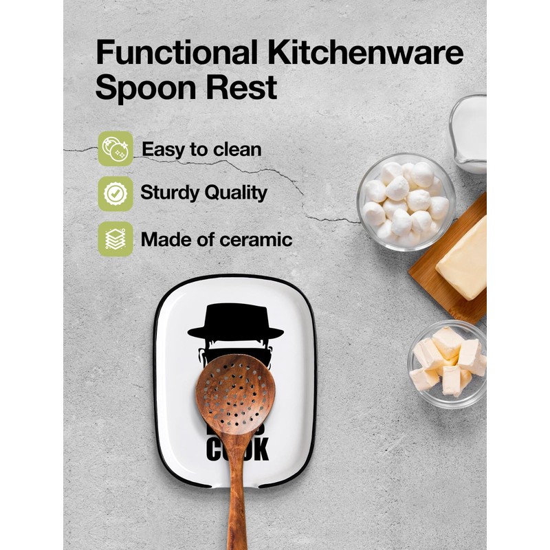 PWHINGN Funny Let's Cook Ceramic Patterned Fork Spoon Rest, White