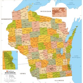 Wisconsin ZIP Code Map with Counties - Standard - 37 x 36 inch Poster - Front Lamination
