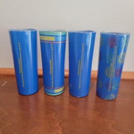 Coaster Milagro Tequila ~ Set of 4 Glass Shot Glasses 4in tall Blue Yellow Green