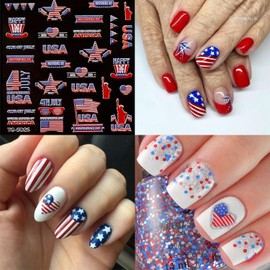 4th of July Nails Art Sticker 5 Sheets 5D Self-Adhesive Goddess of Liberty Pentacle Nail Decals with America Flag Bald Eagle Designs Tricolor Acrylic Nail Supplies for Women Girls DIY Nail Accessories